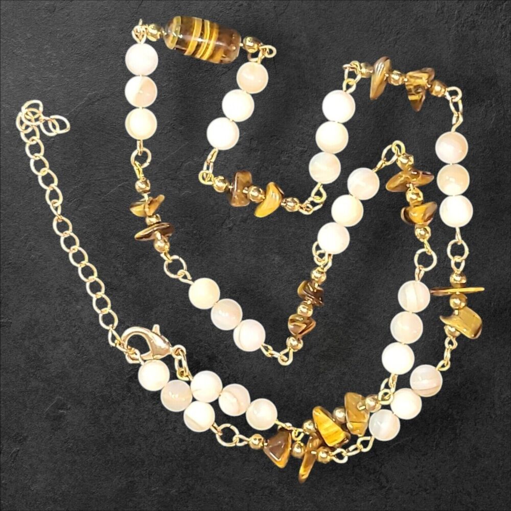 Gold‎ Tone Tiger's Eye & White Stone Bead Station Necklace 22"-25"